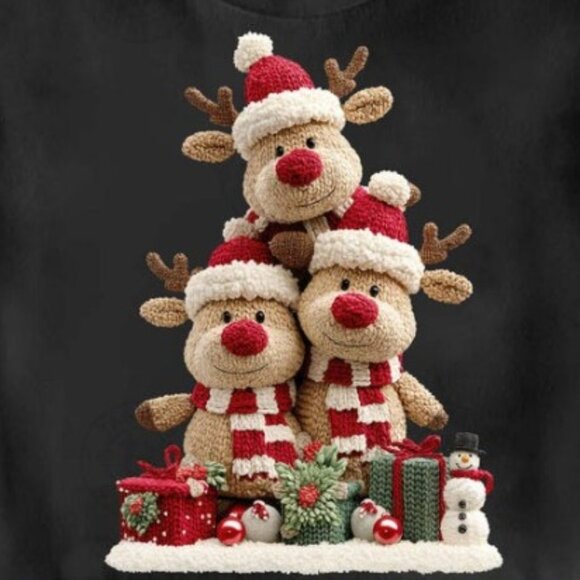 Cute Christmas Shirt, Trendy Crochet Red Nose Reindeer Print Shirt - Picture 2 of 4